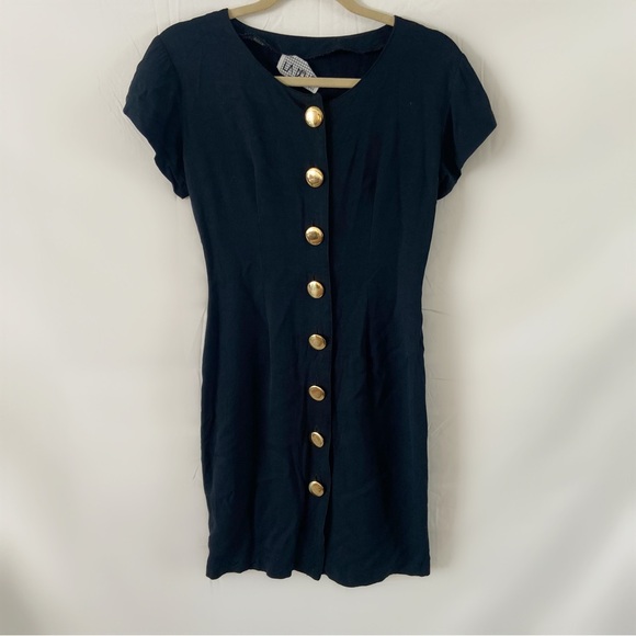 Vintage 80s gold button up black dress unique La Belle mini short sleeve small - Picture 2 of 3